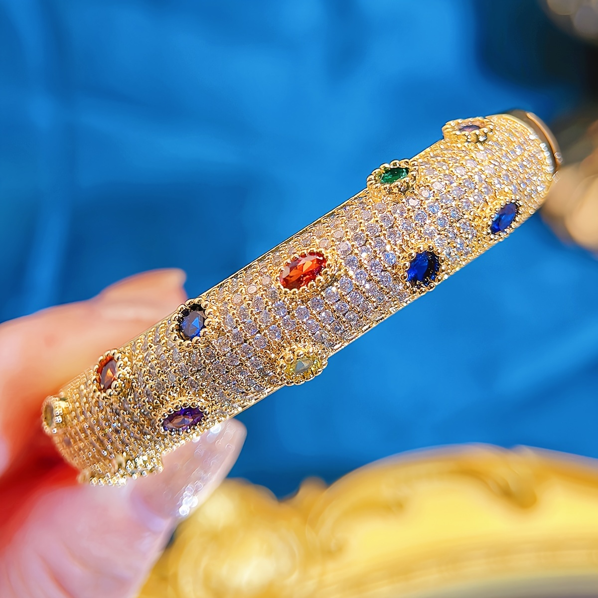 Colorful Zirconia Golden Cuff Bangle for Party